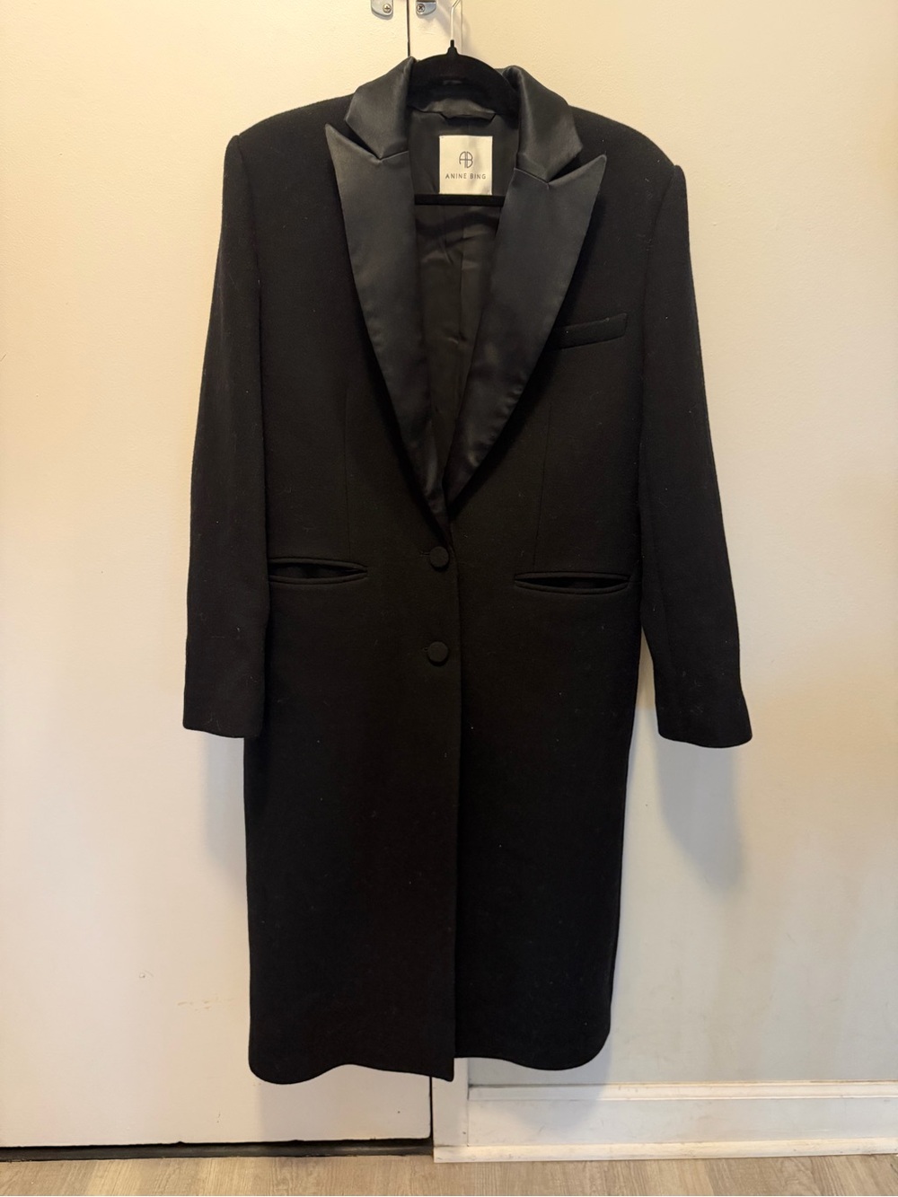 Anine Bing Black Satin Lapel Wool-Blend Long Coat